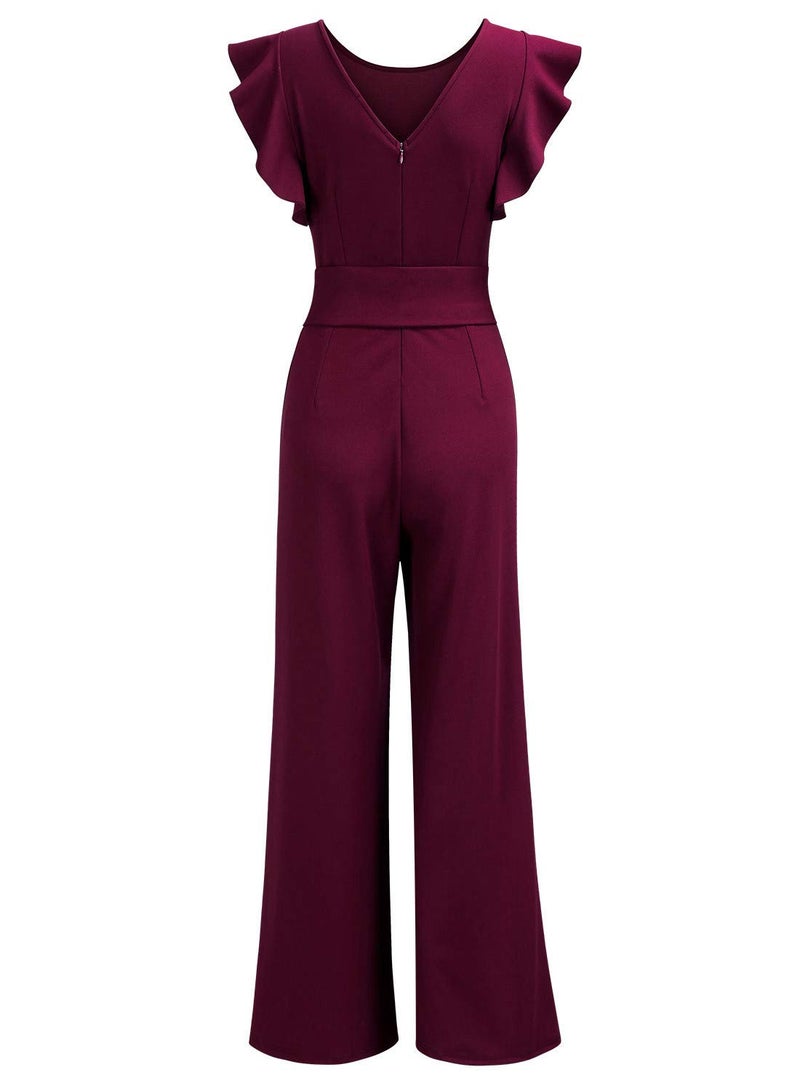 Knitee Women's Vintage Sleeveless Ruffle High Waist Wide Leg Romper Formal Long Jumpsuit with Belt (A-Burgundy, X-Large) - Image 5